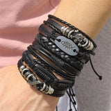 Punk Rock Skull Star Feather Leather Bracelet Men Charms Bangles Armband