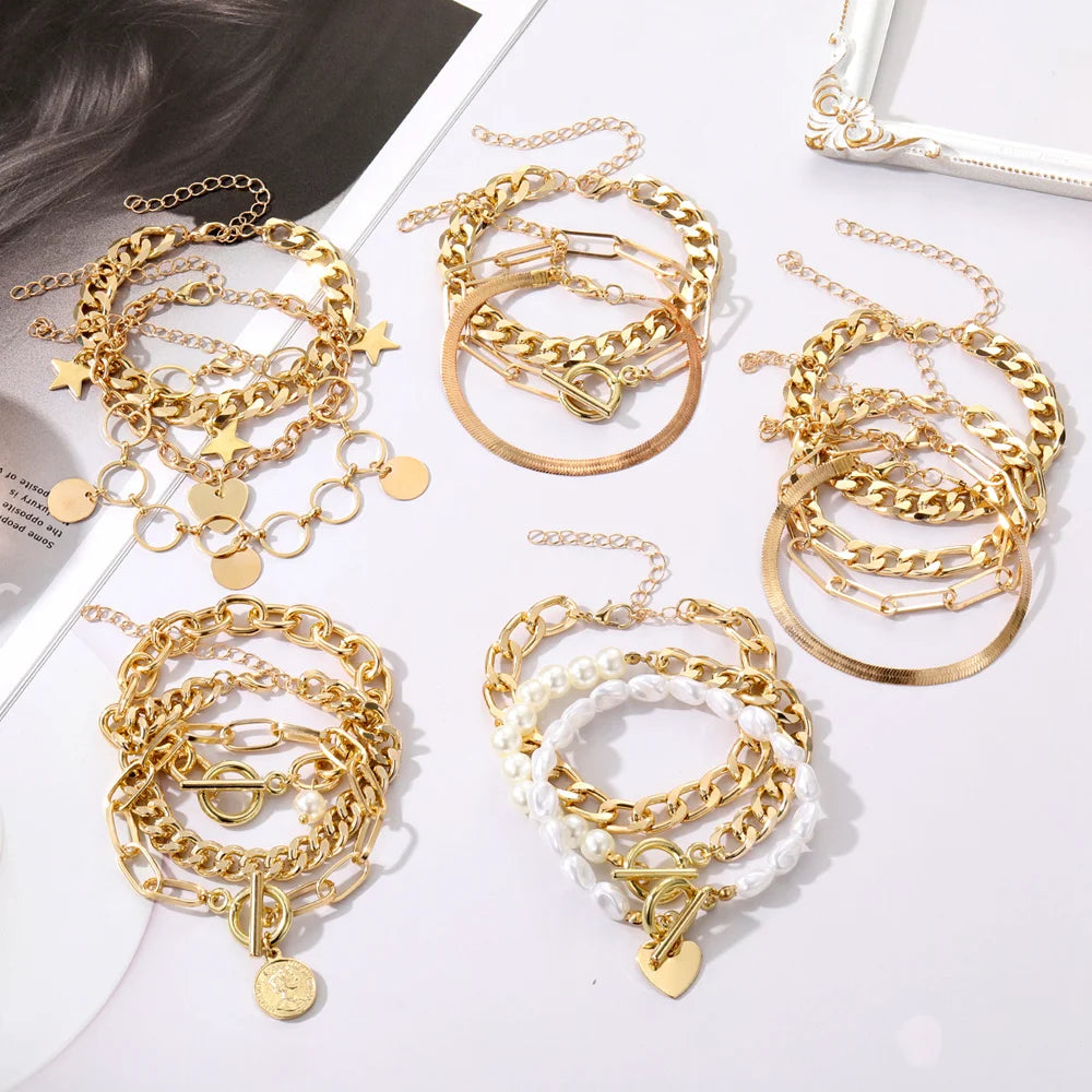 Charm Bangles Jewelry Multilayer Bracelet Metal Pearl Vintage Pendant