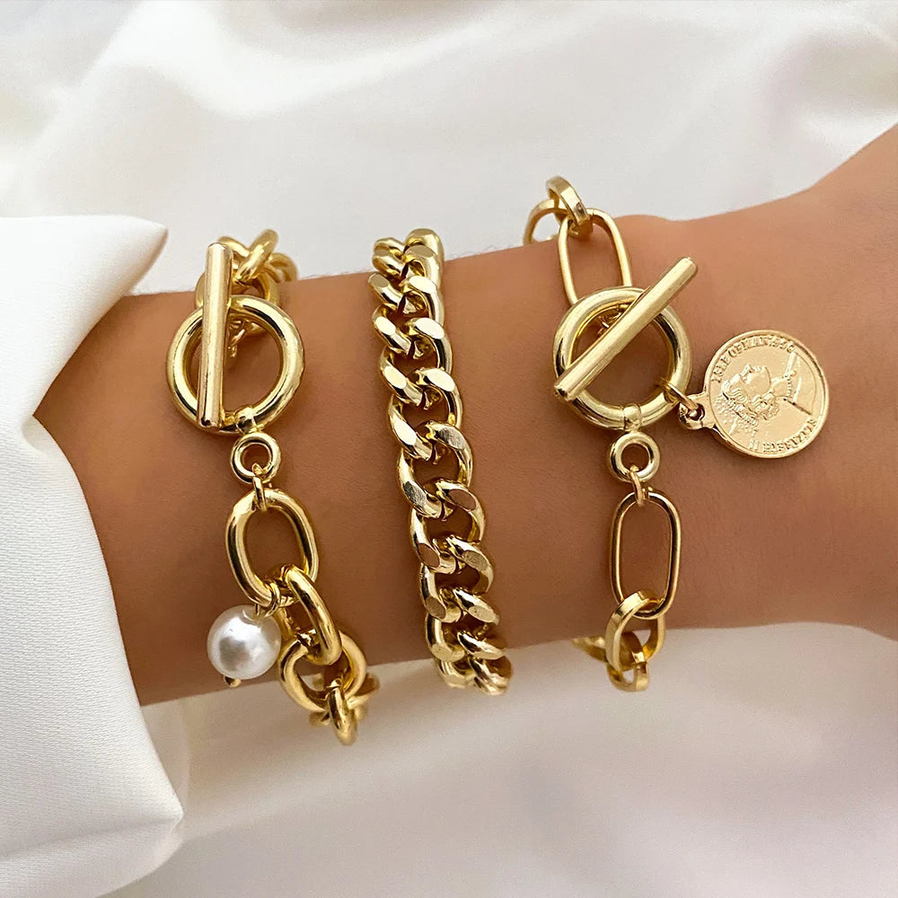 Charm Bangles Jewelry Multilayer Bracelet Metal Pearl Vintage Pendant
