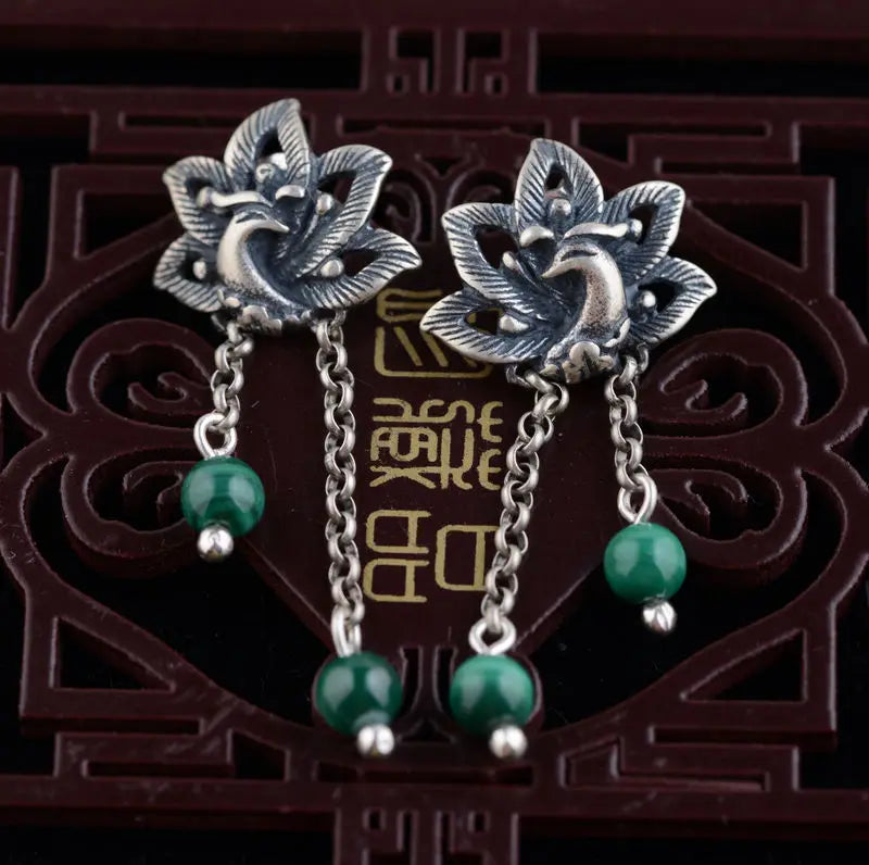 Malachite 100% S925 Silver Stud Earrings Retro Fashion Gem