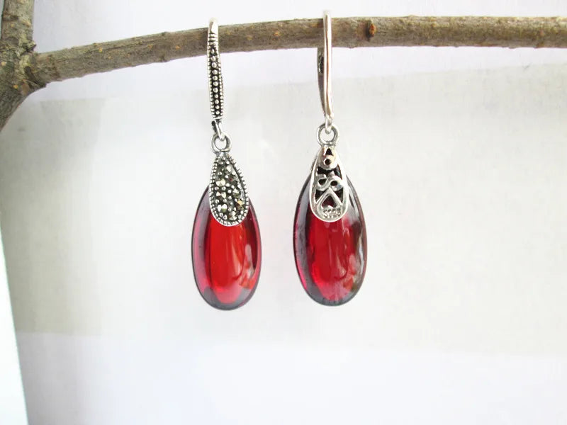 925 Silver Garnet Water Drop Earrings Vintage Style