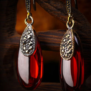 925 Silver Garnet Water Drop Earrings Vintage Style