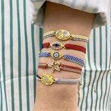 Braided Cloth Fabric Bracelet Rhinestone Charm Evil Eye Bracelet