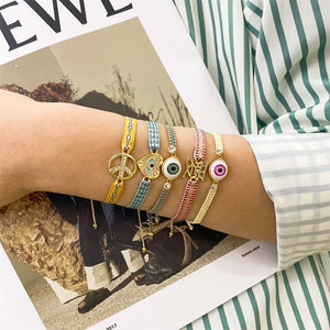 KKBEAD Cloth Braided Bracelet Rhinestone Peace Logo Heart Evil Eye Bracelet