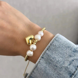 KKBEAD Heart Charm Bracelet Natural Pearl Bracelet for Women