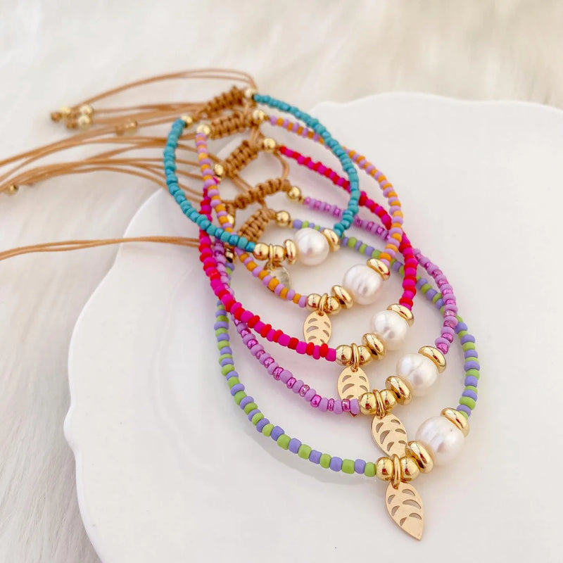Boho Leaf Charm Bracelet Seed Beads Jewelry Women Natural Pearl Pulseras