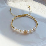 KKBEAD Zirconia Charm Bracelet with Natural Pearl Beads for Women