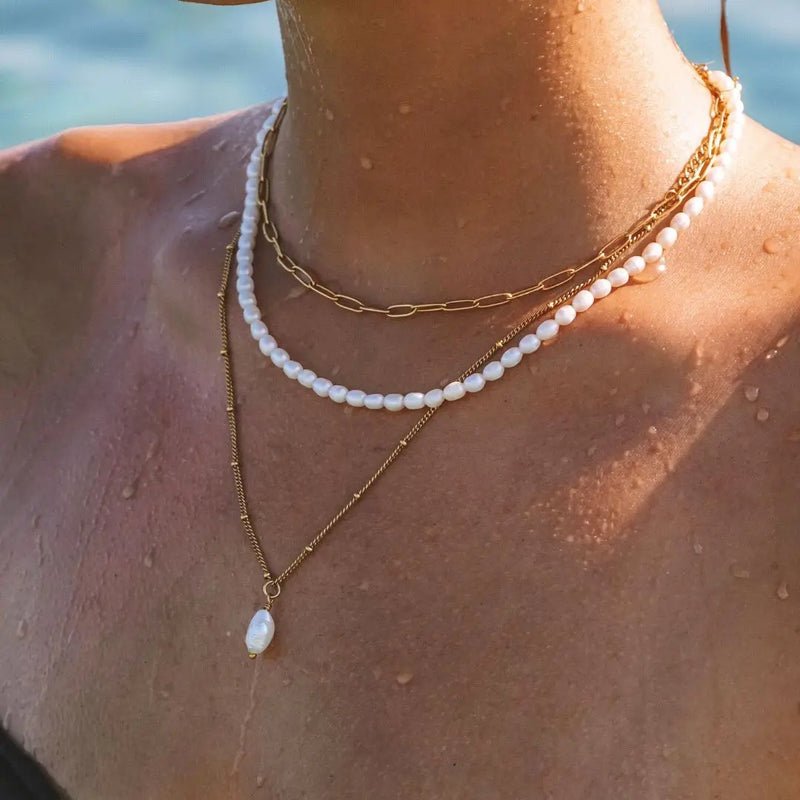 Pearl Pendant Chain Necklace 18K Waterproof Plated Choker for Women