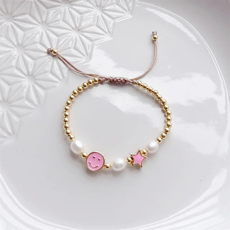 Pink Smile Face Bracelets Heishi Pearl Jewelry for Women