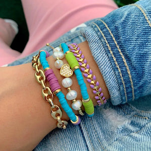 Polymer Clay Heishi Beads Bracelet with Natural Pearl Pig Nose Arrow Chain