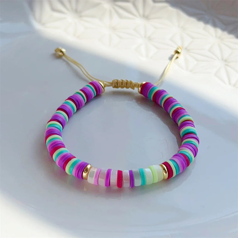 Polymer Clay Heishi Bracelets Set with Natural Pearl CZ Charm Bracelet