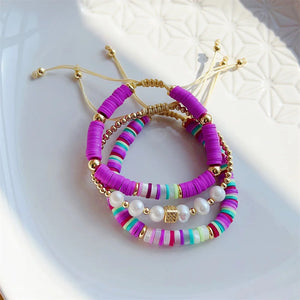 Polymer Clay Heishi Bracelets Set with Natural Pearl CZ Charm Bracelet