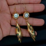 KKGEM 10x13mm Freshwater Pearl Cz Dangle Earrings