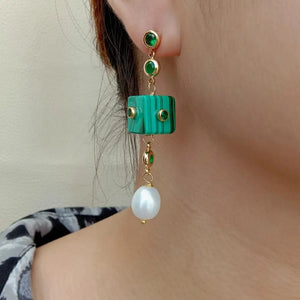 Green Malachite Cube Rice Pearl Dangle Earrings