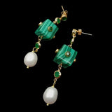 Green Malachite Cube Rice Pearl Dangle Earrings