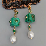 Green Malachite Cube Rice Pearl Dangle Earrings
