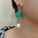 Green Malachite Cube Rice Pearl Dangle Earrings