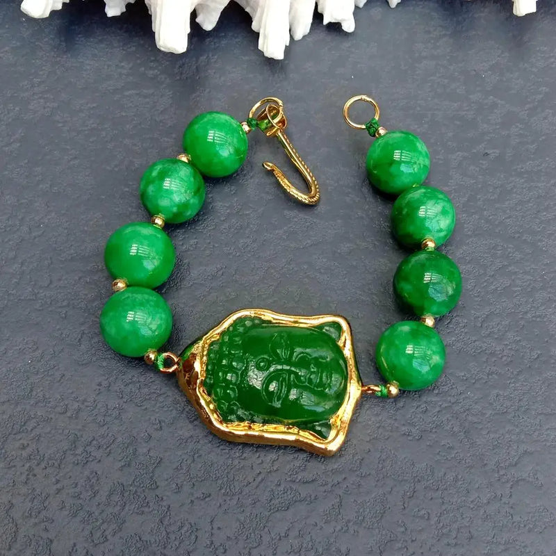 KKGEM 14mm Round Green Jade Buddha Carved Bracelet Charm