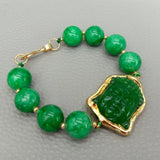 KKGEM 14mm Round Green Jade Buddha Carved Bracelet Charm