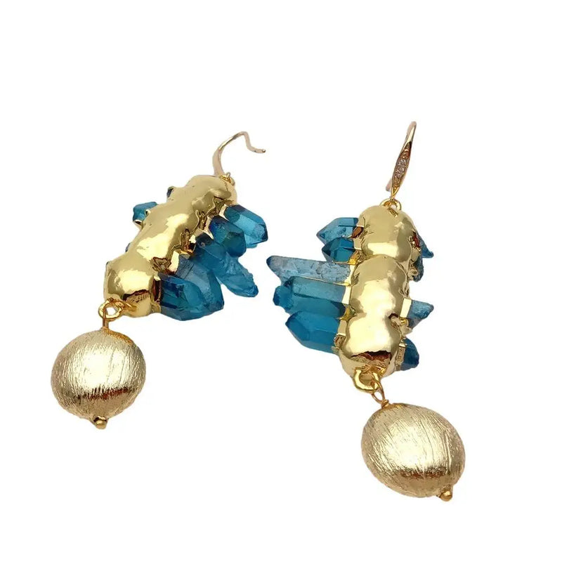 KKGEM 15mm Brushed Coin Beads Quartz Rough Druzy Stones Drop Earrings