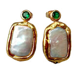 KKGEM 15x20mm Rectangle Pearl Earrings with Green CZ Pave Filling