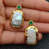 KKGEM 15x20mm Rectangle Pearl Earrings with Green CZ Pave Filling