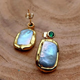 KKGEM 15x20mm Rectangle Pearl Earrings with Green CZ Pave Filling