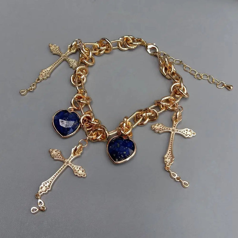 KKGEM 16mm Lapis Heart Crucifix Bracelet