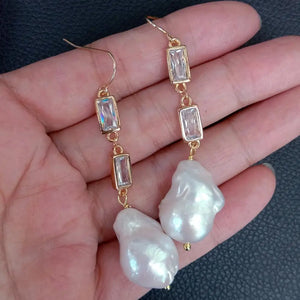 KKGEM Flameball Baroque Pearl Cz Chain Earrings