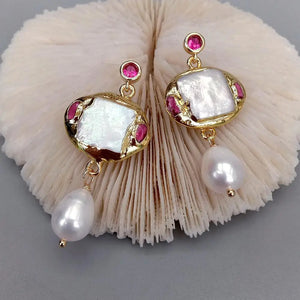 KKGEM Rectangle and Rice Pearl Dangle Stud Earrings