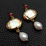 KKGEM Rectangle and Rice Pearl Dangle Stud Earrings