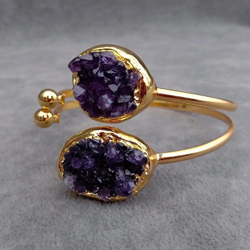 KKGEM Amethyst Druzy Raw Oval Open Bangle Bracelet