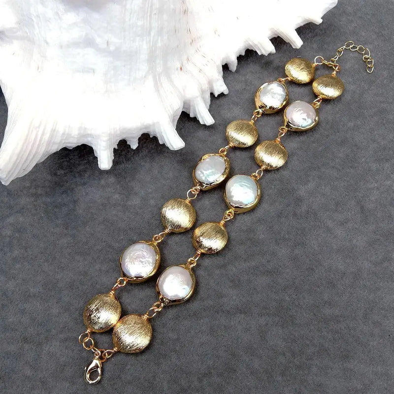 KKGEM 2 Rows 15mm Bead Bracelet with 17mm Freshwater Cultured Coin Pearl