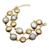 KKGEM 2 Rows 15mm Bead Bracelet with 17mm Freshwater Cultured Coin Pearl