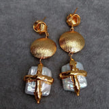 KKGEM 20mm Coin Bead Earrings Natural Keshi Pearl Dangle Stud