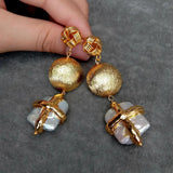 KKGEM 20mm Coin Bead Earrings Natural Keshi Pearl Dangle Stud