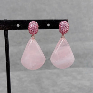 KKGEM Fuchsia Cz Pave Natural Rose Quartz Fan Drop Stud Earrings