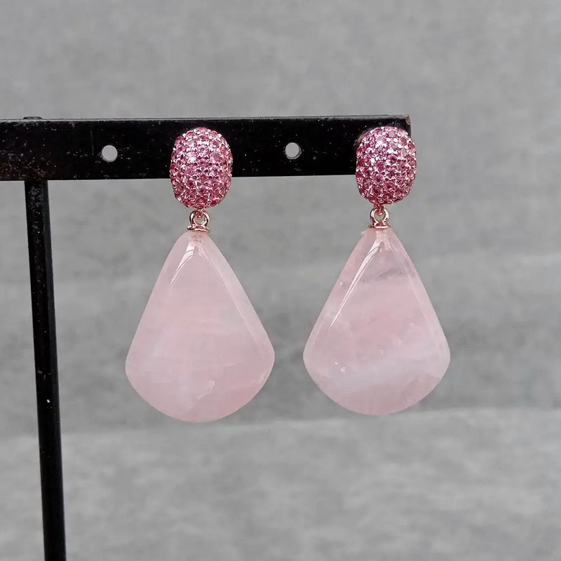 KKGEM Fuchsia Cz Pave Natural Rose Quartz Fan Drop Stud Earrings