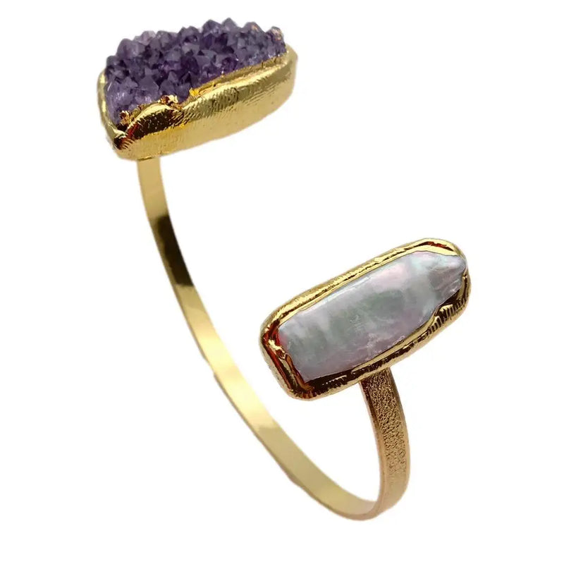 KKGEM Natural Amethyst Druzy Biwa Pearl Bangle Bracelet