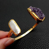 KKGEM Natural Amethyst Druzy Biwa Pearl Bangle Bracelet