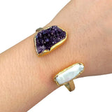 KKGEM Natural Amethyst Druzy Biwa Pearl Bangle Bracelet
