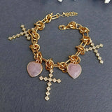KKGEM 22x32mm Cz Pave Cross Charm Rose Quartz Bracelet Chain