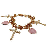 KKGEM 22x32mm Cz Pave Cross Charm Rose Quartz Bracelet Chain