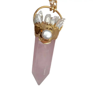 Rose Quartz Point Pendant Biwa Pearl Chain Necklace for Women