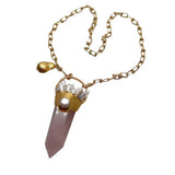 Rose Quartz Point Pendant Biwa Pearl Chain Necklace for Women