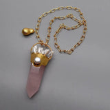 Rose Quartz Point Pendant Biwa Pearl Chain Necklace for Women