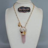 Rose Quartz Point Pendant Biwa Pearl Chain Necklace for Women