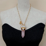 Rose Quartz Point Pendant Biwa Pearl Chain Necklace for Women