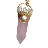 Rose Quartz Point Pendant Biwa Pearl Chain Necklace for Women