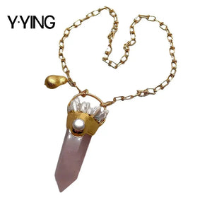 Rose Quartz Point Pendant Biwa Pearl Chain Necklace for Women